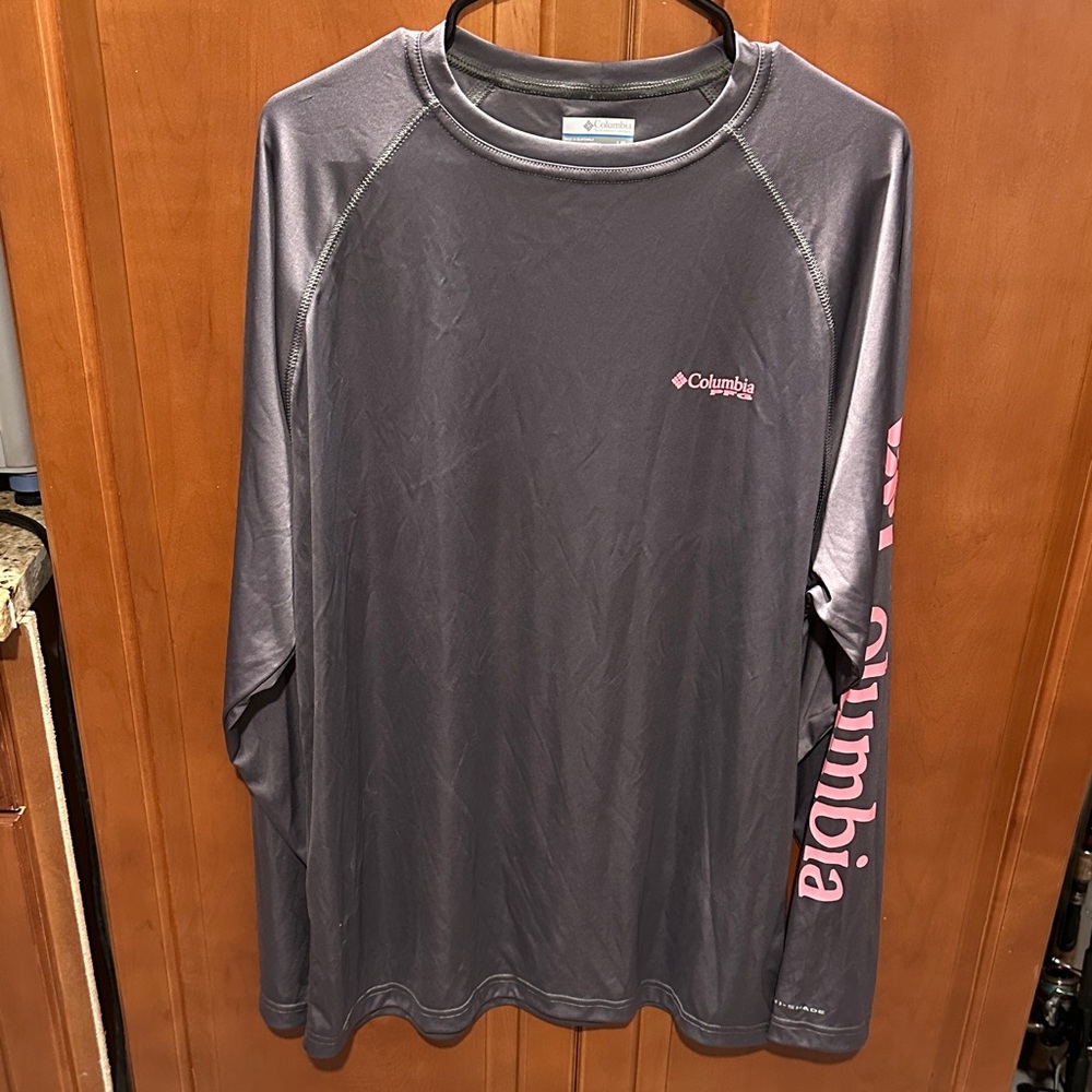 Columbia Charcoal Long Sleeve Shirt with Pink Logo